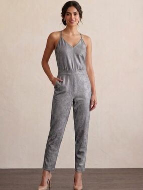 Halston Heritage Silver V-Neck Jumpsuit 2 PTC070162P
